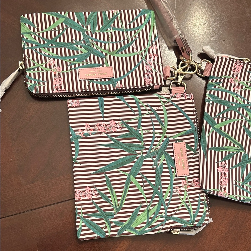 henri bendel Pink Floral & Green Pam Leaf Striped Trio Pouch Set - Picture 3 of 5